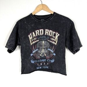 Hard Rock World Tour Cropped T-shirt Womens XS Grunge Stonewashed Band Retro